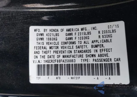 2015 Honda Accord Ex-L z USA, uszkodzony, nr VIN 1HGCR2F86FA258863